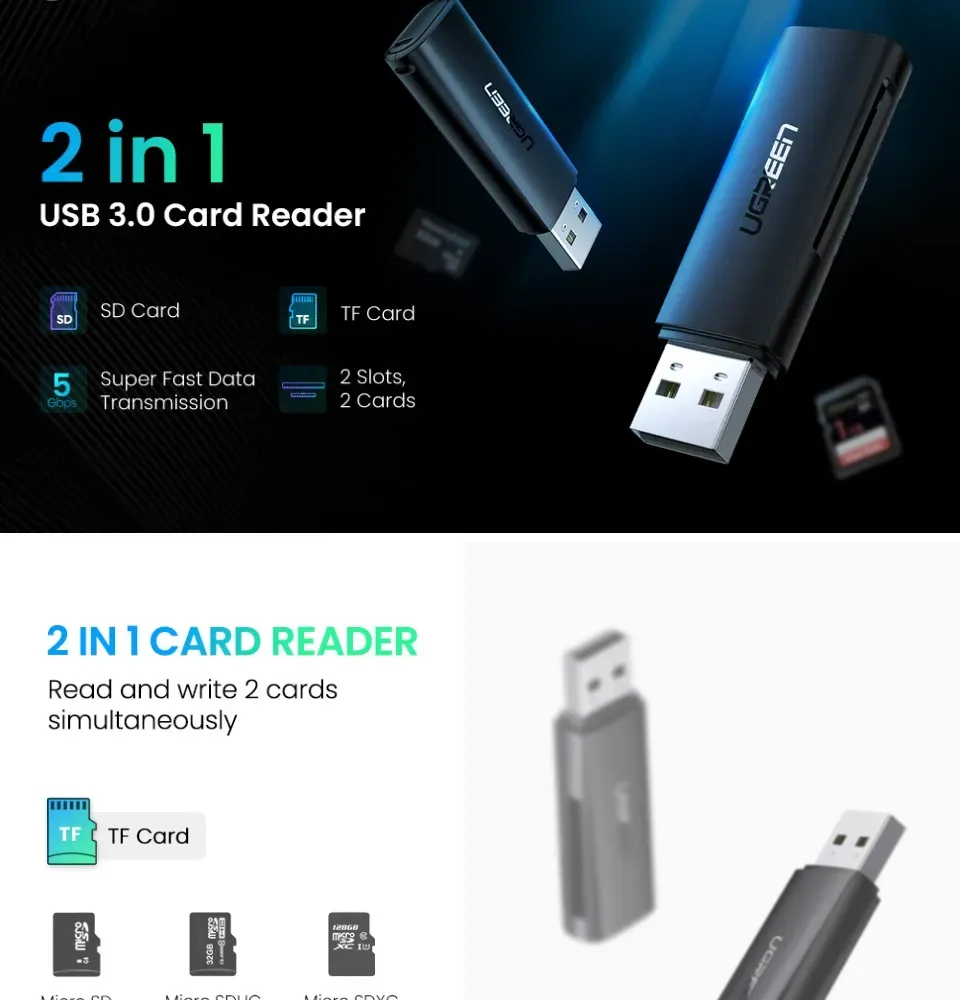 UGREEN SD and MicroSD Card Reader USB 3.0 Flash Drive with 5Gbps Data Transmission Speed for File Transfer and Recovery overview 5