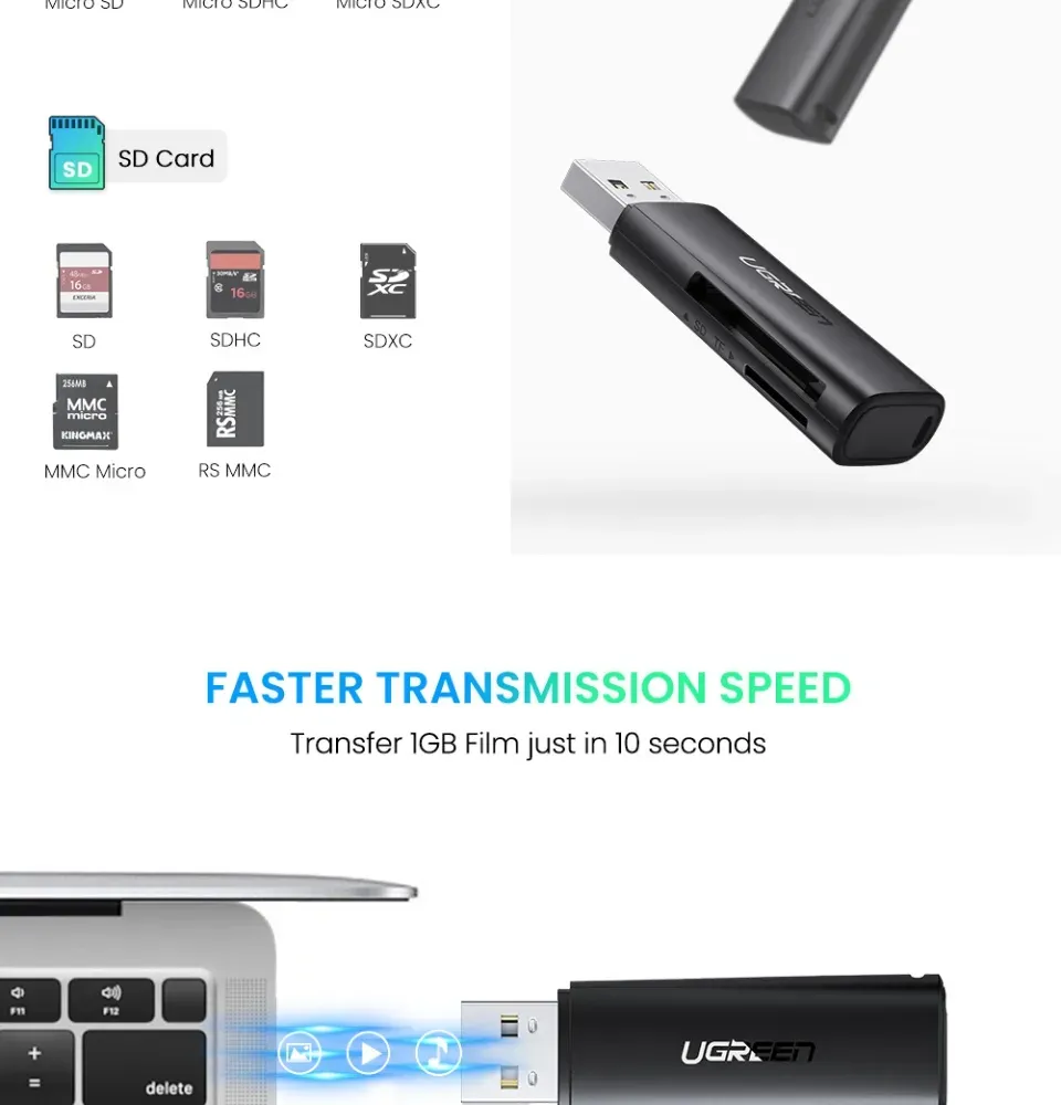 UGREEN SD and MicroSD Card Reader USB 3.0 Flash Drive with 5Gbps Data Transmission Speed for File Transfer and Recovery overview 6