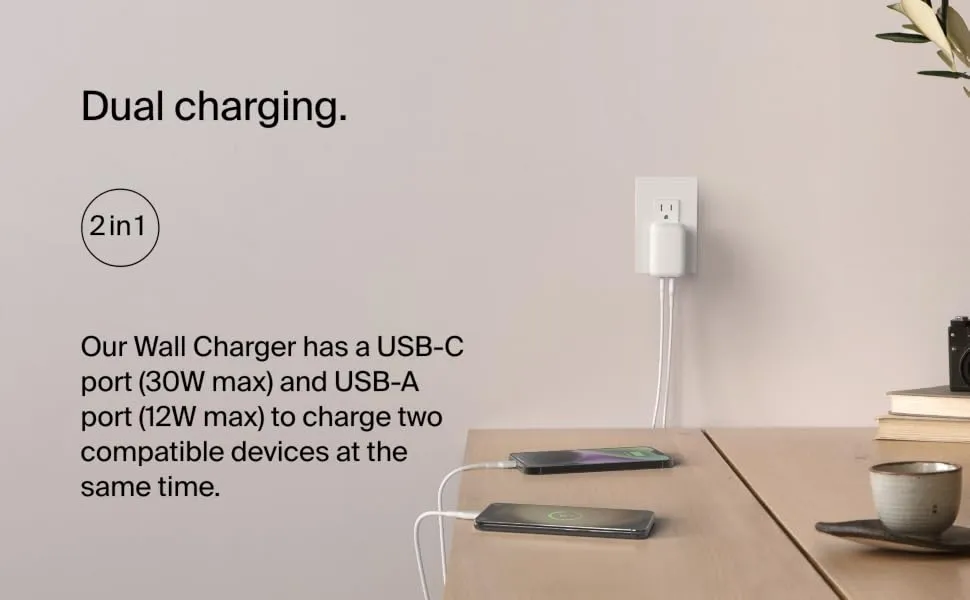 Belkin BoostCharge 42W Dual Port Wall Charger, USB-C + USB-A Charger Fast Charging for iPhone 16, 16 Plus, 16 Pro, 16 Pro Max, iPhone 15, Galaxy S24, Plus, Ultra, iPad, Pixel, AirPods & More - White overview 2