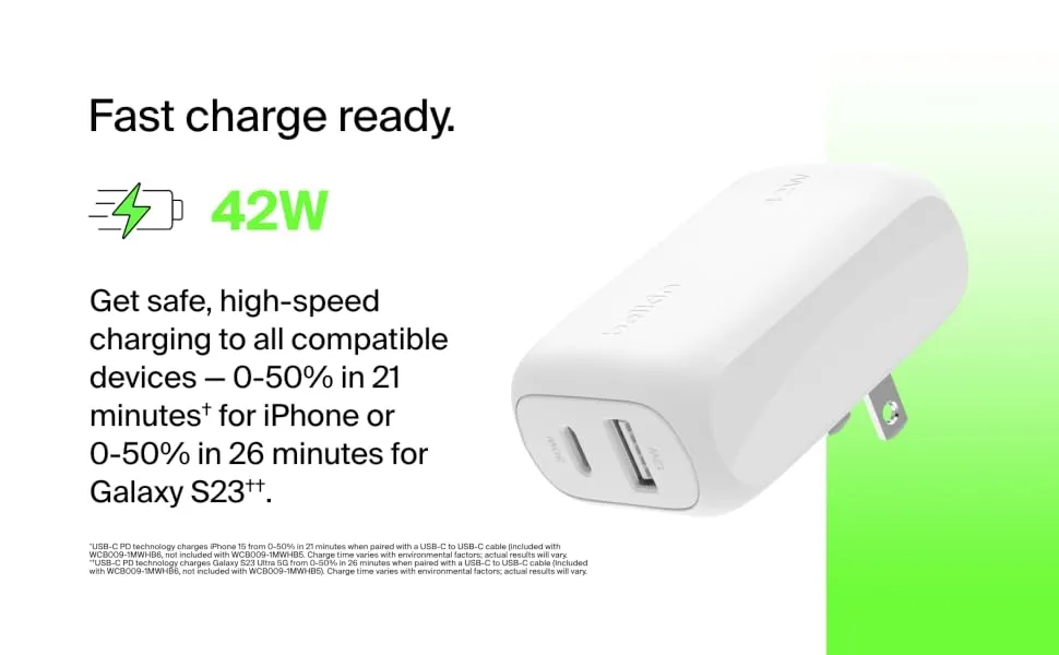 Belkin BoostCharge 42W Dual Port Wall Charger, USB-C + USB-A Charger Fast Charging for iPhone 16, 16 Plus, 16 Pro, 16 Pro Max, iPhone 15, Galaxy S24, Plus, Ultra, iPad, Pixel, AirPods & More - White overview 4