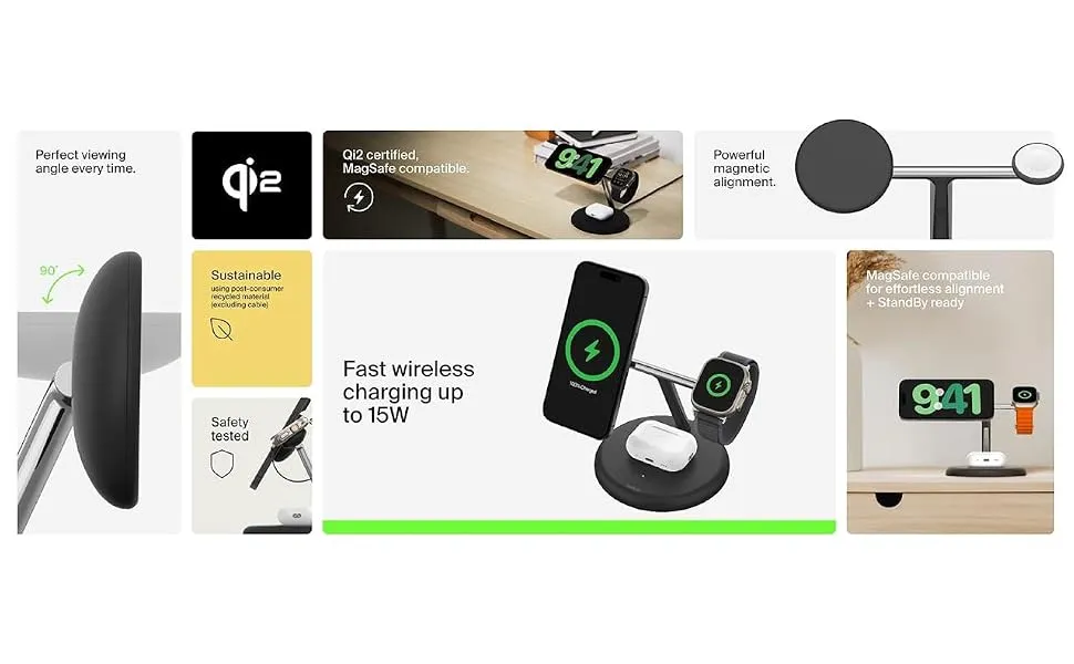 Belkin MagSafe 3-in-1 Qi2 Wireless Charger Stand 15W | Fast Charging iPhone Charger for iPhone 16, 15, 14 & 13 Series, AirPods, & Apple Watch | 36W Charger Included | Black overview 1