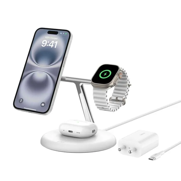Belkin MagSafe 3-in-1 Qi2 Wireless Charger Stand 15W | Fast Charging iPhone Charger for iPhone 16, 15, 14 & 13 Series, AirPods, & Apple Watch | 36W Charger Included | Black