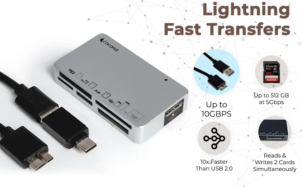 Coconut CR11 USB 3.0 Card Reader with Type C 3.1 OTG, 6 in 1 Memory Card Adapter Compact Flash CF, TF, SD, MicroSD, SDHC, SDXC, MS Upto 10 Gbps Speed for Windows & Mac - PC Laptop Mobile - Black overview 2