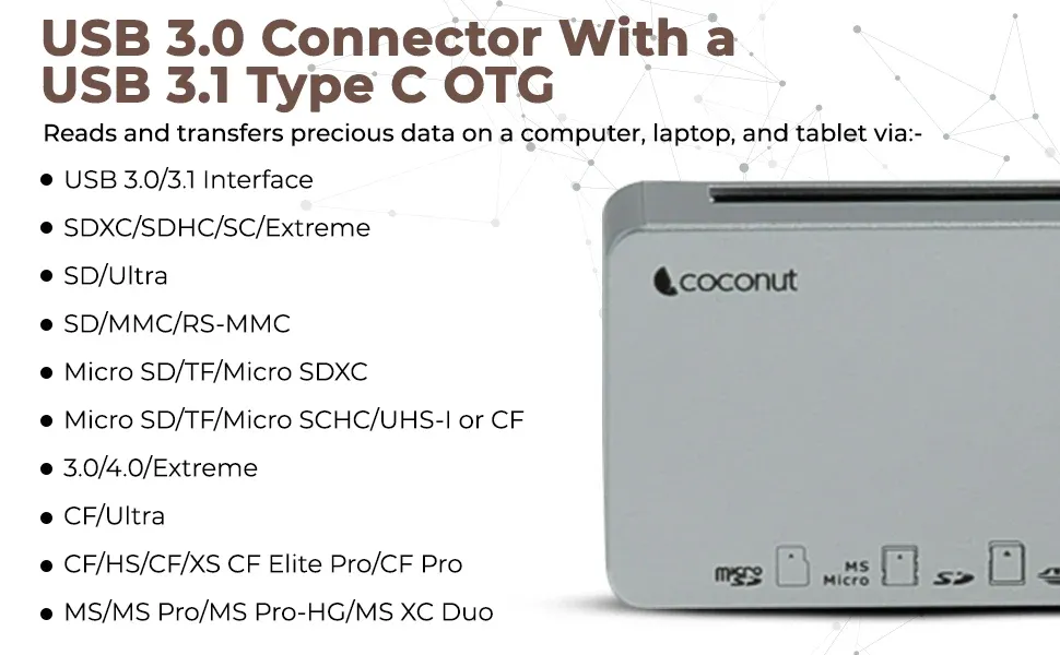 Coconut CR11 USB 3.0 Card Reader with Type C 3.1 OTG, 6 in 1 Memory Card Adapter Compact Flash CF, TF, SD, MicroSD, SDHC, SDXC, MS Upto 10 Gbps Speed for Windows & Mac - PC Laptop Mobile - Black overview 3