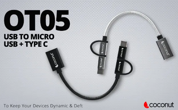Coconut OT05 USB to Micro USB + Type C, OTG Adapter , Aluminium Body overview 1