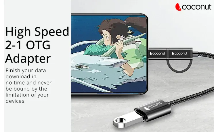 Coconut OT05 USB to Micro USB + Type C, OTG Adapter , Aluminium Body overview 2