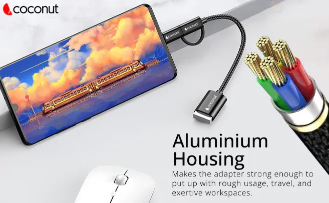 Coconut OT05 USB to Micro USB + Type C, OTG Adapter , Aluminium Body overview 3