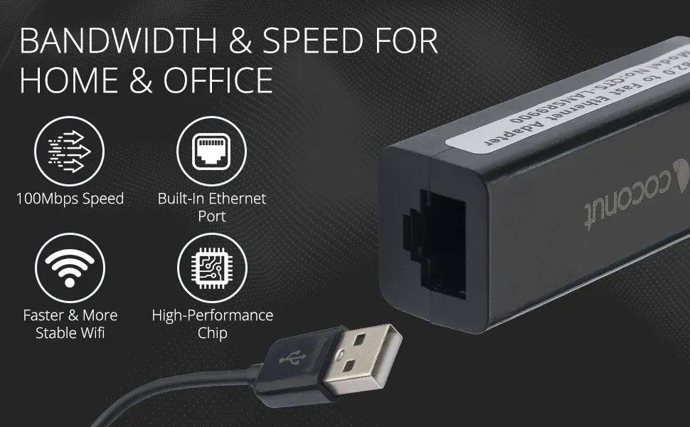Coconut UL02 USB Hub + LAN ethernet adapter, 3x USB 2.0 Ports overview 2