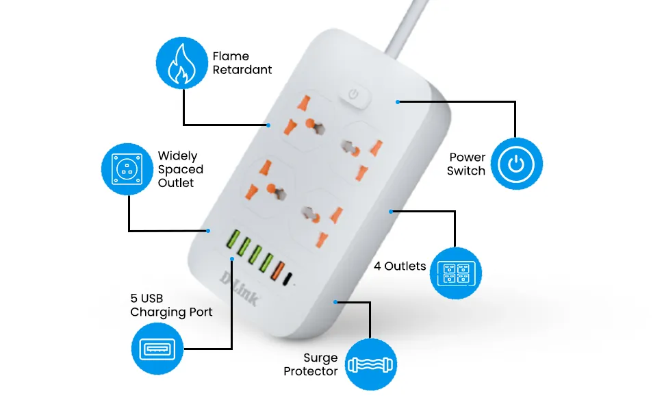 D-Link DPA-F451 Power Strip with 4AC, 5USB and 1C Port (White) overview 5