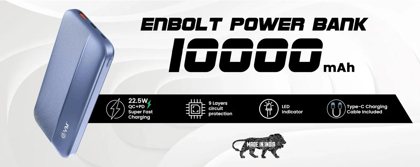 EVM EnBolt 10000 mAh Power Bank with 22.5W QC+PD, Type-C Charging, Dual Output & Dual Input overview 1