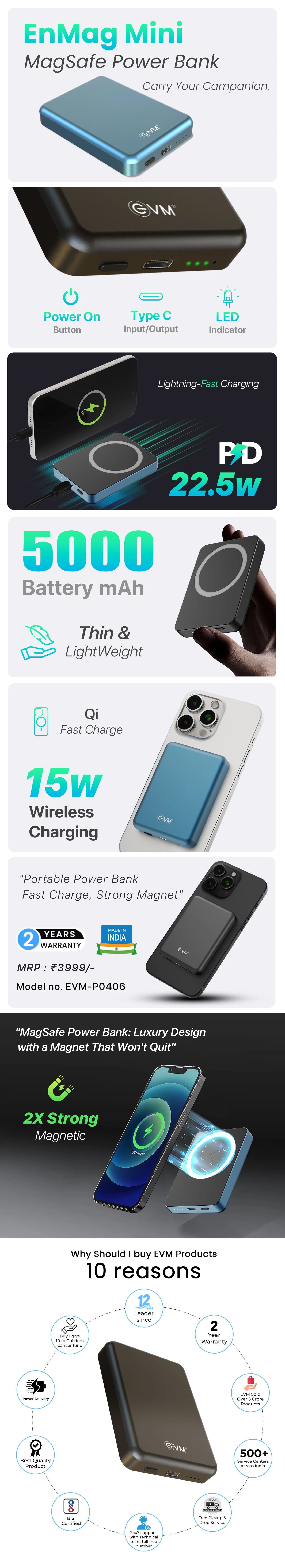 EVM EnMag Mini 5000mAh Mag-Safe Power Bank, Blue overview 1