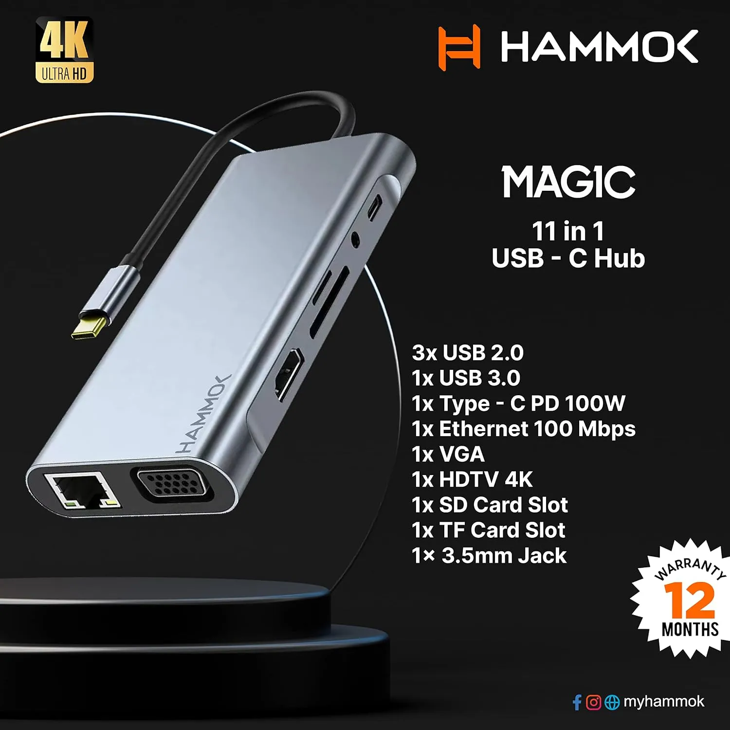HAMMOK Magic 11 in 1 USB C HUB, USB C Adapter 11 in 1 Dongle with 4K HDMI, VGA, Type C PD, USB3.0/2.0, RJ45 Ethernet, SD/TF Card Reader, 3.5mm AUX, Docking Station Compatible for Type C Laptop Device overview 1