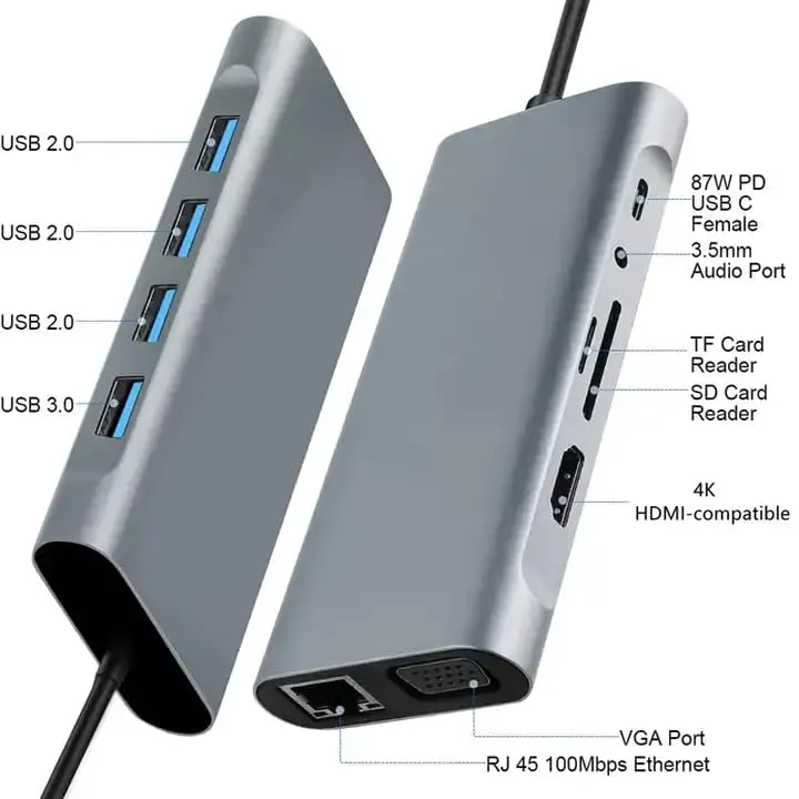 HAMMOK Magic 11 in 1 USB C HUB, USB C Adapter 11 in 1 Dongle with 4K HDMI, VGA, Type C PD, USB3.0/2.0, RJ45 Ethernet, SD/TF Card Reader, 3.5mm AUX, Docking Station Compatible for Type C Laptop Device overview 2