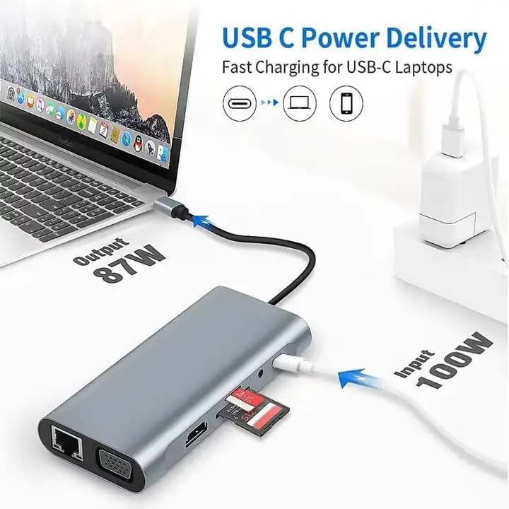 HAMMOK Magic 11 in 1 USB C HUB, USB C Adapter 11 in 1 Dongle with 4K HDMI, VGA, Type C PD, USB3.0/2.0, RJ45 Ethernet, SD/TF Card Reader, 3.5mm AUX, Docking Station Compatible for Type C Laptop Device overview 4