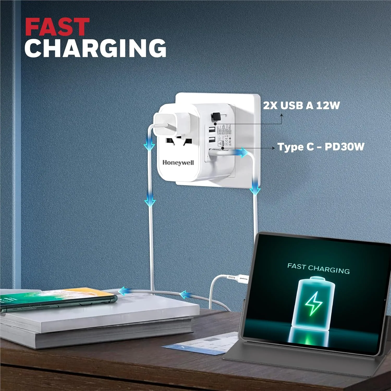Honeywell Universal World Travel Adapter With 2xUSB & 1xTypeC PD30W Ports overview 1