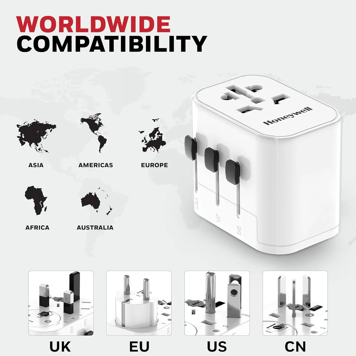Honeywell Universal World Travel Adapter With 2xUSB & 1xTypeC PD30W Ports overview 2
