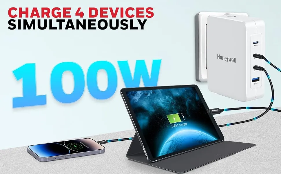 Honeywell Zest Charger GaN 100W,Ultra-Fast Wall Charger with PPS Support,3xType C PD 3.0 Ports & 1xUSB A Port,BIS Certified,Equipped with Switchable Plugs,Compatible with iPhone,Galaxy,Laptops overview 2