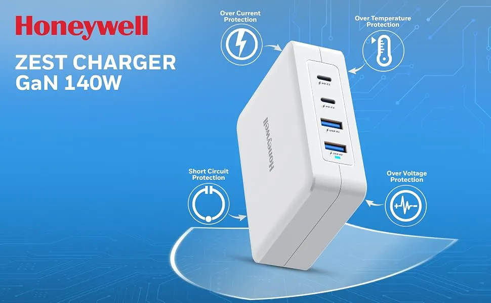 Honeywell Zest Charger GaN 140W,Ultra-Fast Wall Charger with PPS Support,2xType C PD 3.0 Ports & 2xUSB A Port,BIS Certified,Equipped with Switchable Plugs,Compatible with iPhone,Galaxy,Laptops overview 1