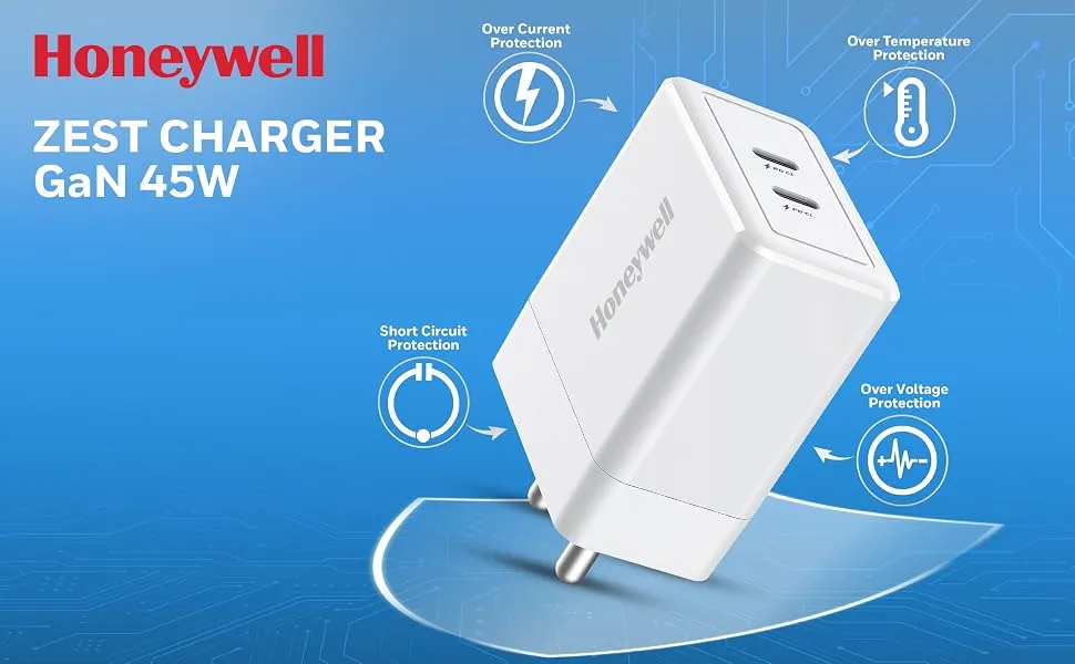 Honeywell Zest Charger GaN 45W, Ultra-Fast Wall Charger with PPS Support, 2xType C PD 3.0 Port, BIS Certified, Compatible with iPhone, iPad Pro, Pixel, Galaxy, Oneplus, Tablet, Smartwatches overview 1