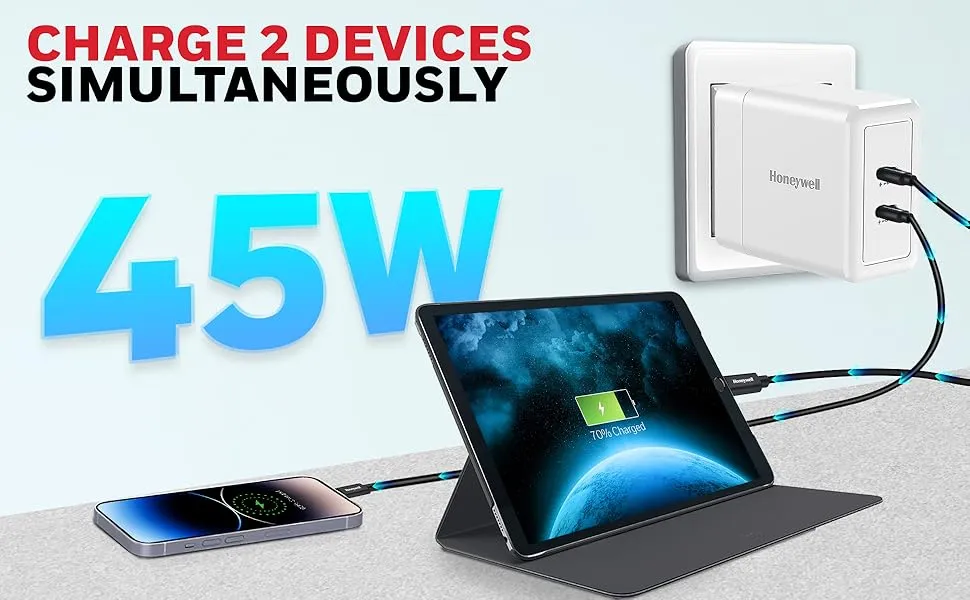 Honeywell Zest Charger GaN 45W, Ultra-Fast Wall Charger with PPS Support, 2xType C PD 3.0 Port, BIS Certified, Compatible with iPhone, iPad Pro, Pixel, Galaxy, Oneplus, Tablet, Smartwatches overview 2