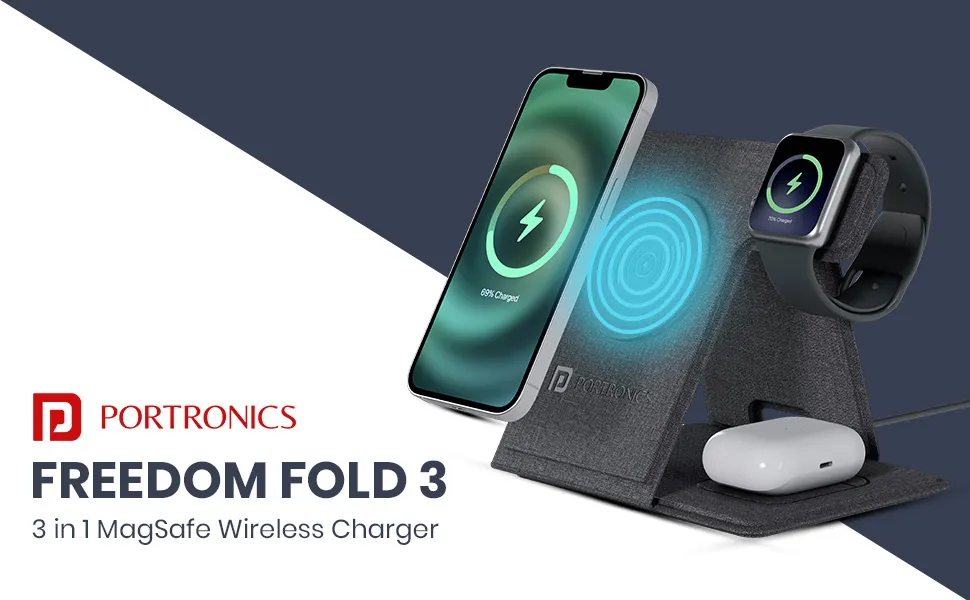 Portronics Freedom Fold 3 15W 3 in 1 Foldable MagSafe Compatible Wireless Charger overview 1