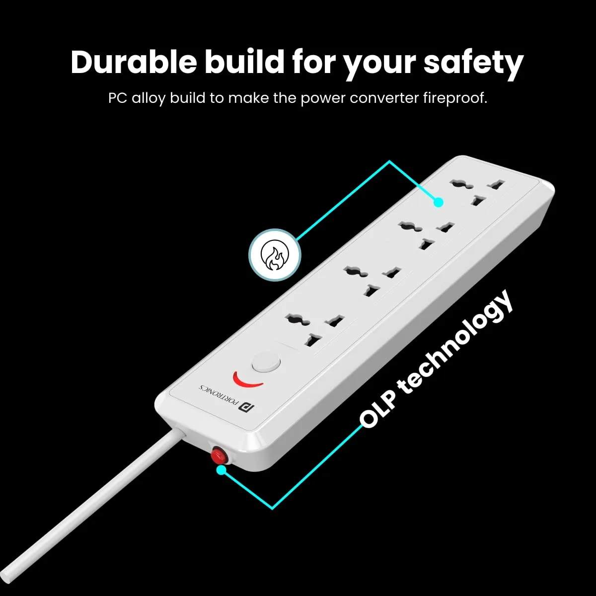 Portronics Power Plate 11 1500W Extension Board with 4 Power Sockets (White) overview 3