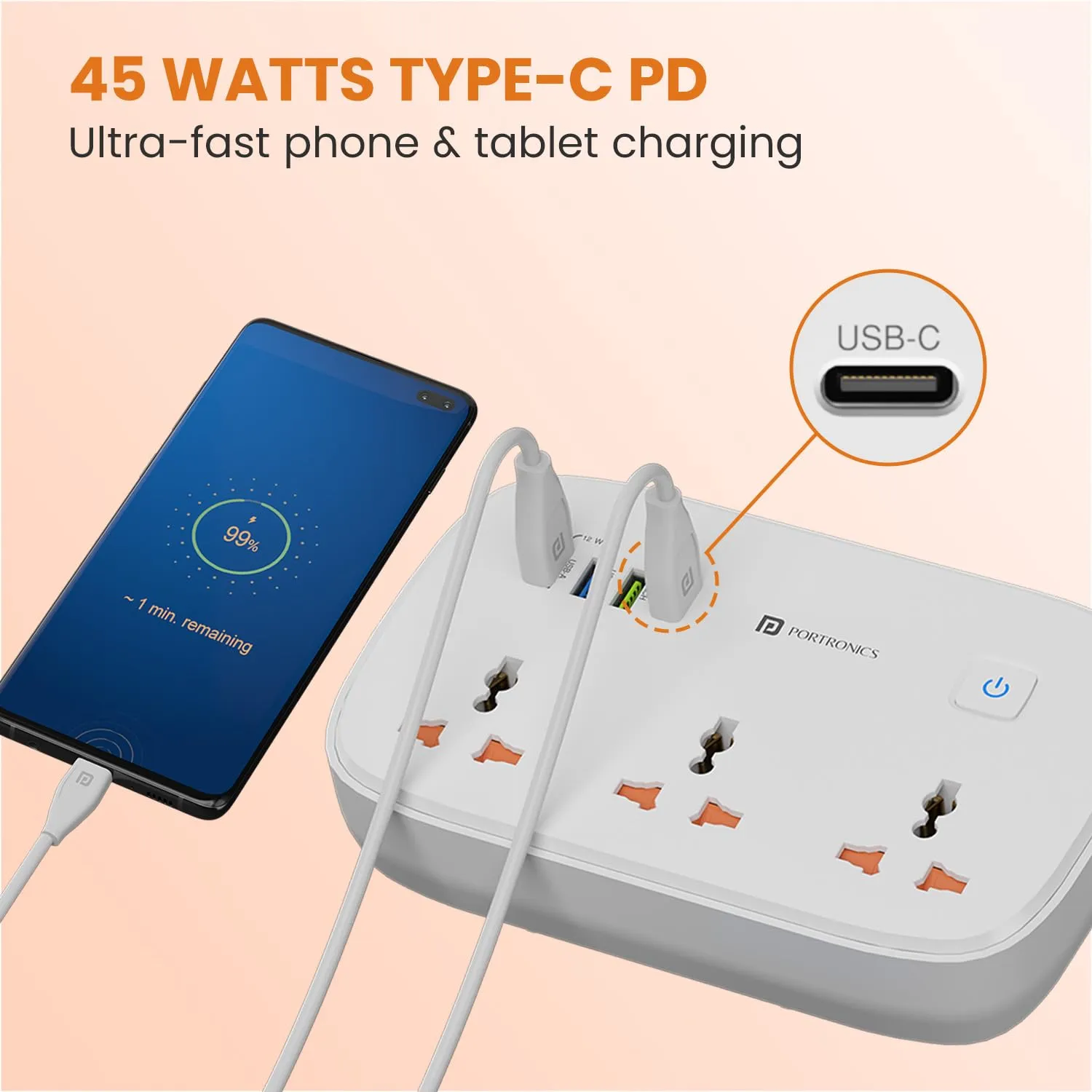 Portronics Power Plate 16 Extension Board with 45W Type-C PD Charging (6 Amp, White) overview 1