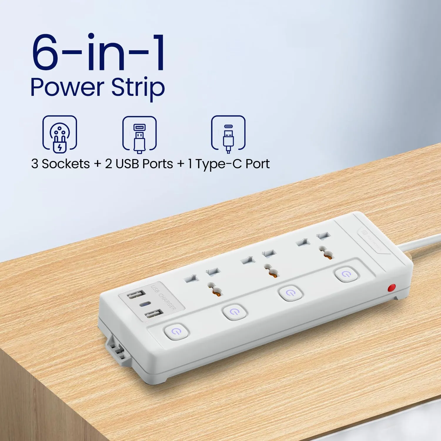 Portronics Power Plate 18 Extension Board with 3 Universal Power Sockets (White) overview 1