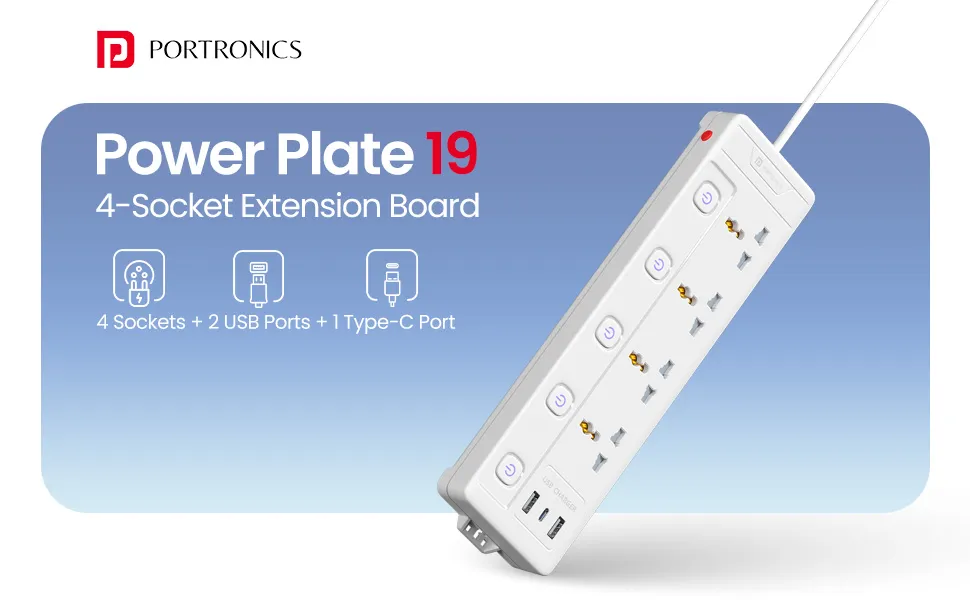 Portronics Power Plate 19 Extension Board with 4 Universal Sockets (White) overview 1