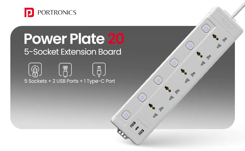 Portronics Power Plate 20 Extension Board with 5 Universal Power Sockets overview 1
