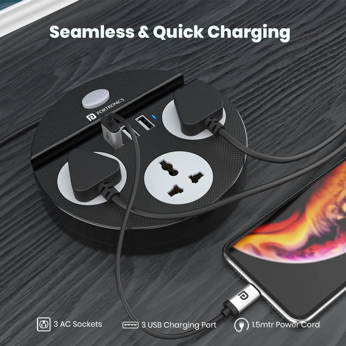 Portronics Power Plate 5 1500W 3 Socket Extension Boards (Black) overview 3