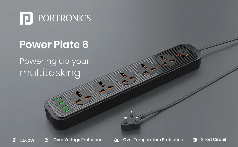 Portronics Power Plate 6 with 4 USB Port + 5 Power Sockets Extension Board (Black) overview 1