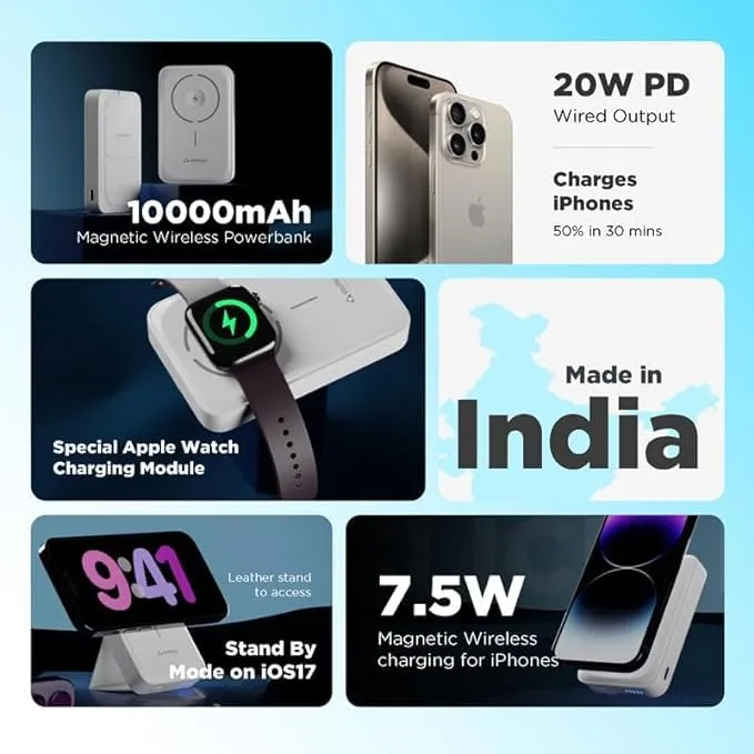Stuffcool Click Duo 10000mAh Magnetic Wirelsss Powerbank for iPhone 16/15/14/13/12 with Apple Watch Charging Featuring Type-C Port PD 20W to Charge iPhone 50% in 30 mins overview 3