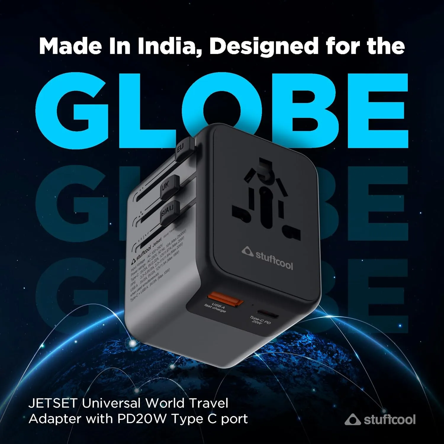 Stuffcool Jetset Made in India Universal Travel Adapter with US, UK, EU, AUS pins, Works in 150+ Countries, with PD20W Type C Port and 18W Type A Port Built in, Charges iPhones 50% in 30 mins overview 1
