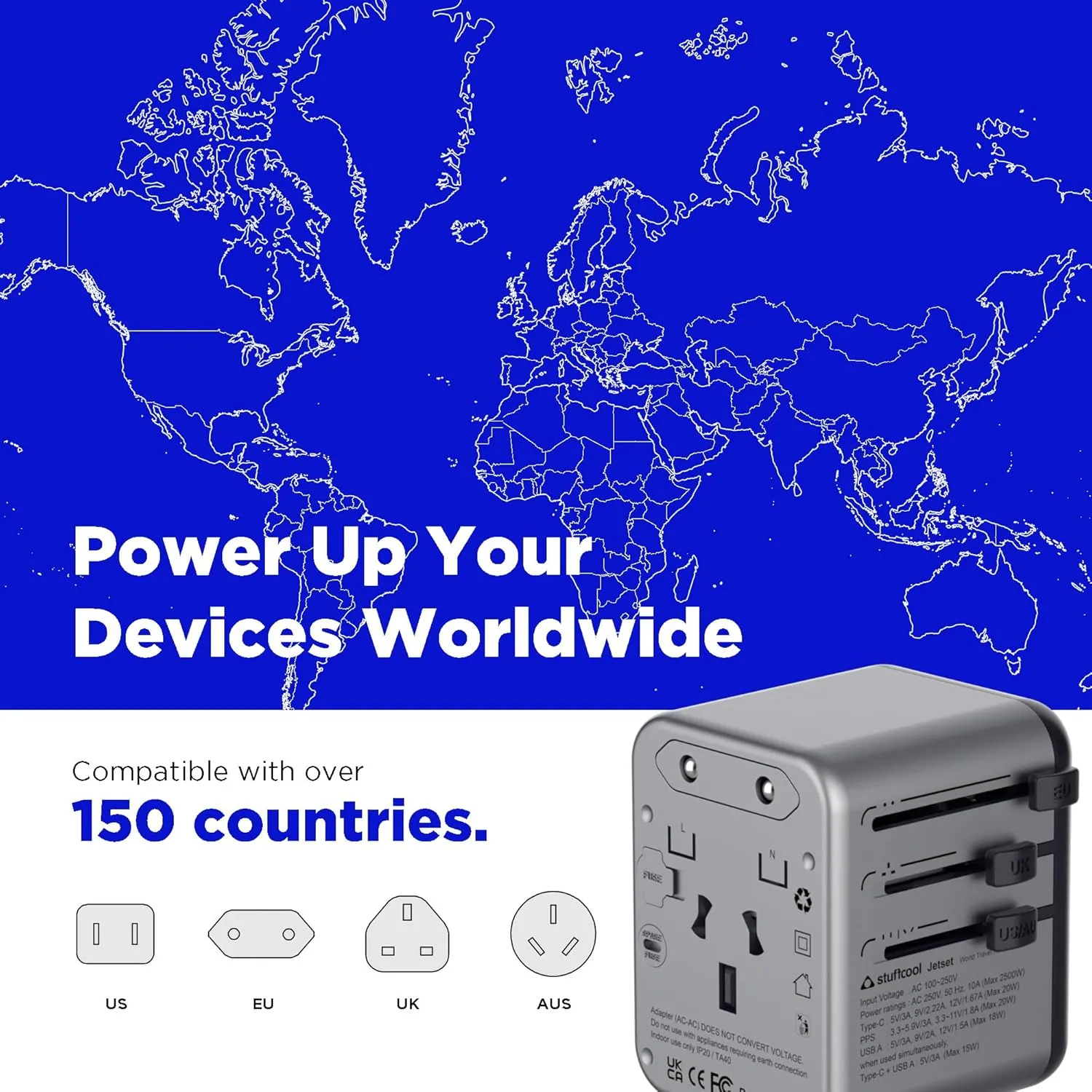 Stuffcool Jetset Made in India Universal Travel Adapter with US, UK, EU, AUS pins, Works in 150+ Countries, with PD20W Type C Port and 18W Type A Port Built in, Charges iPhones 50% in 30 mins overview 2