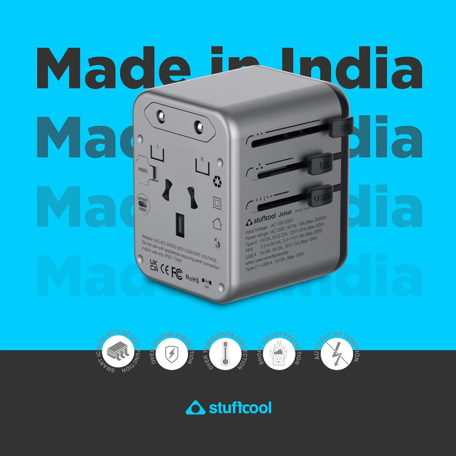 Stuffcool Jetset Made in India Universal Travel Adapter with US, UK, EU, AUS pins, Works in 150+ Countries, with PD20W Type C Port and 18W Type A Port Built in, Charges iPhones 50% in 30 mins overview 4