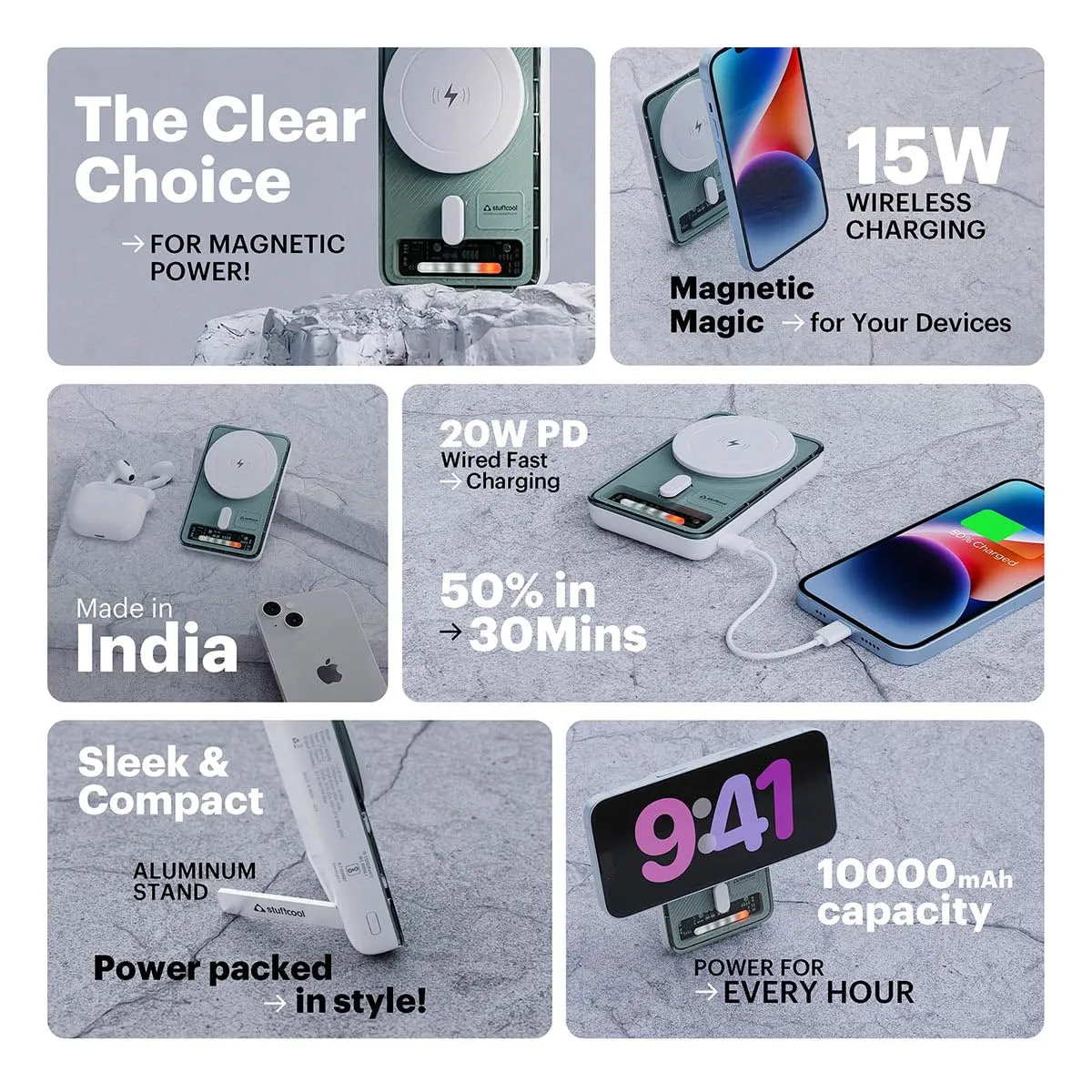 Stuffcool Lucid Plus 15W Magnetic Wireless Powerbank with Stand for AirPods Pro, iPhone 12/13/14/15/16, Flagship Android and 20W Fast Wired Charging overview 1