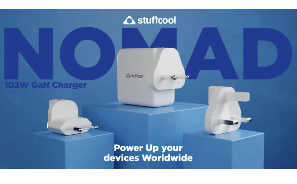 Stuffcool Nomad GaN Charger 102W PD PPS Supports Super Fast Charging 2.0, Charges macbooks, laptops, DSLRs, Gaming Console, with Exchangeable EU, USA, and UK pins Works with 100+ Countries overview 1