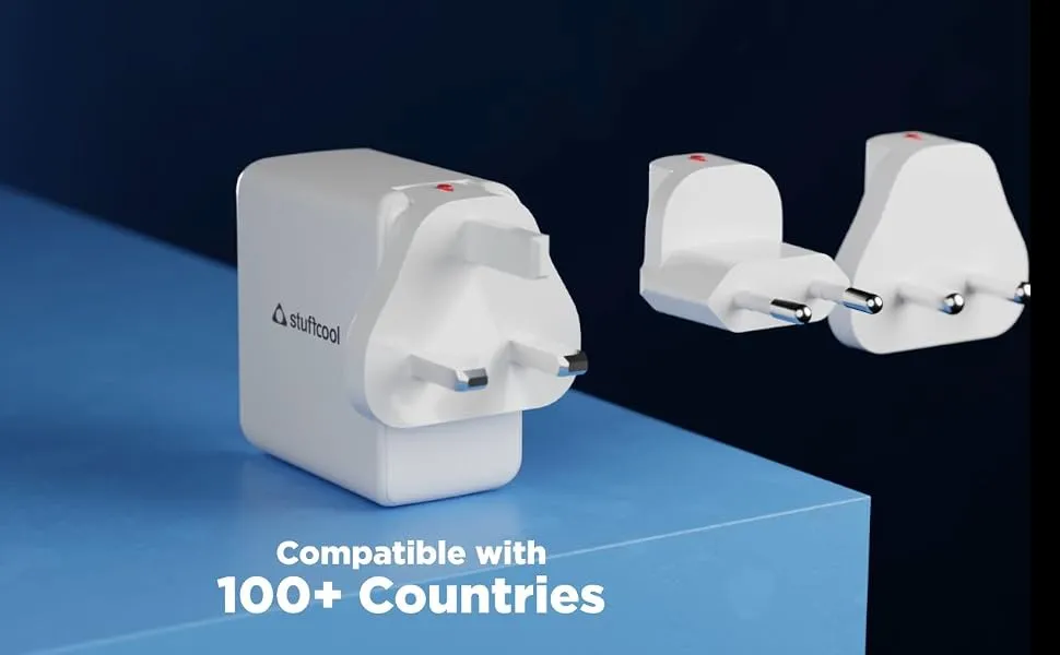 Stuffcool Nomad GaN Charger 102W PD PPS Supports Super Fast Charging 2.0, Charges macbooks, laptops, DSLRs, Gaming Console, with Exchangeable EU, USA, and UK pins Works with 100+ Countries overview 2