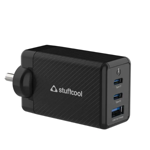 Stuffcool Nova 65W GaN Charger Made in India 3 Ports Supports Samsung PPS Super Fast Charging 2.0, Compatible with macbooks laptops iPhones iPads, samsungs, Pixels (Black)