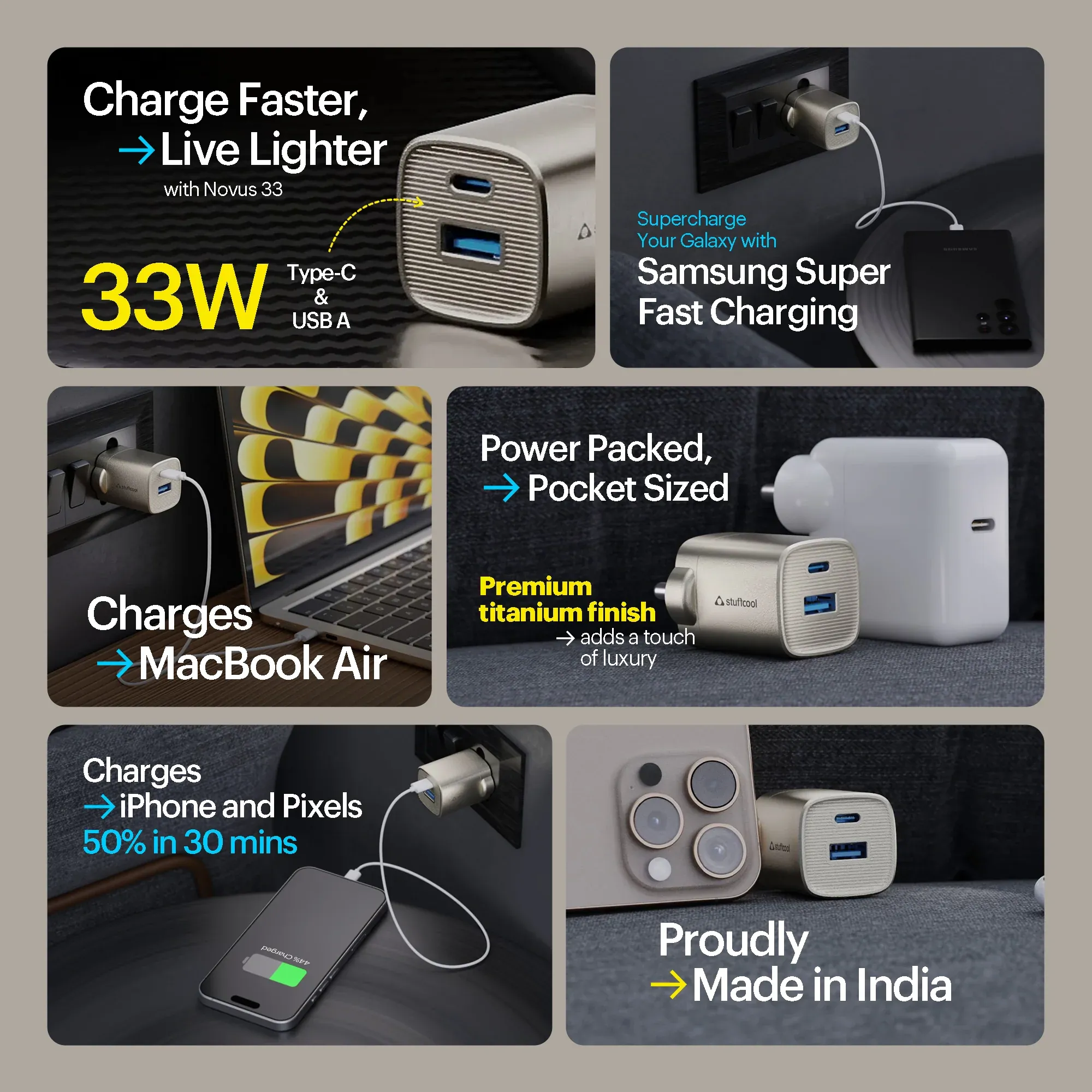 Stuffcool Novus 33 compact and convenient USB A + Type-C wall charger overview 2