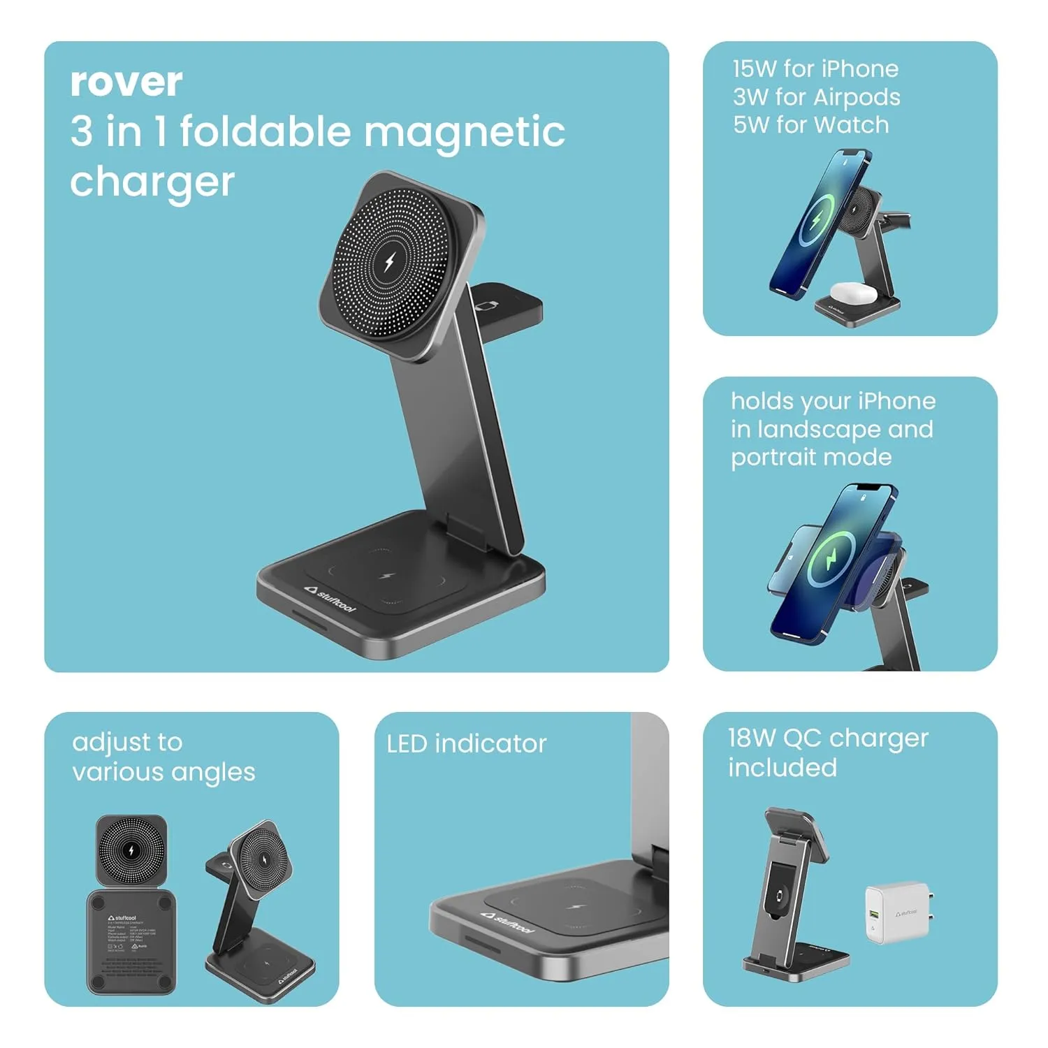 Stuffcool Rover Foldable 3 in 1 Magnetic Wireless Charging Station, Made with Anodised Aluminium, Perfect for iPhone 15/14/13/12 Series, Apple Watch, airpods, Includes 18W QC3.0 Wall Charger overview 1