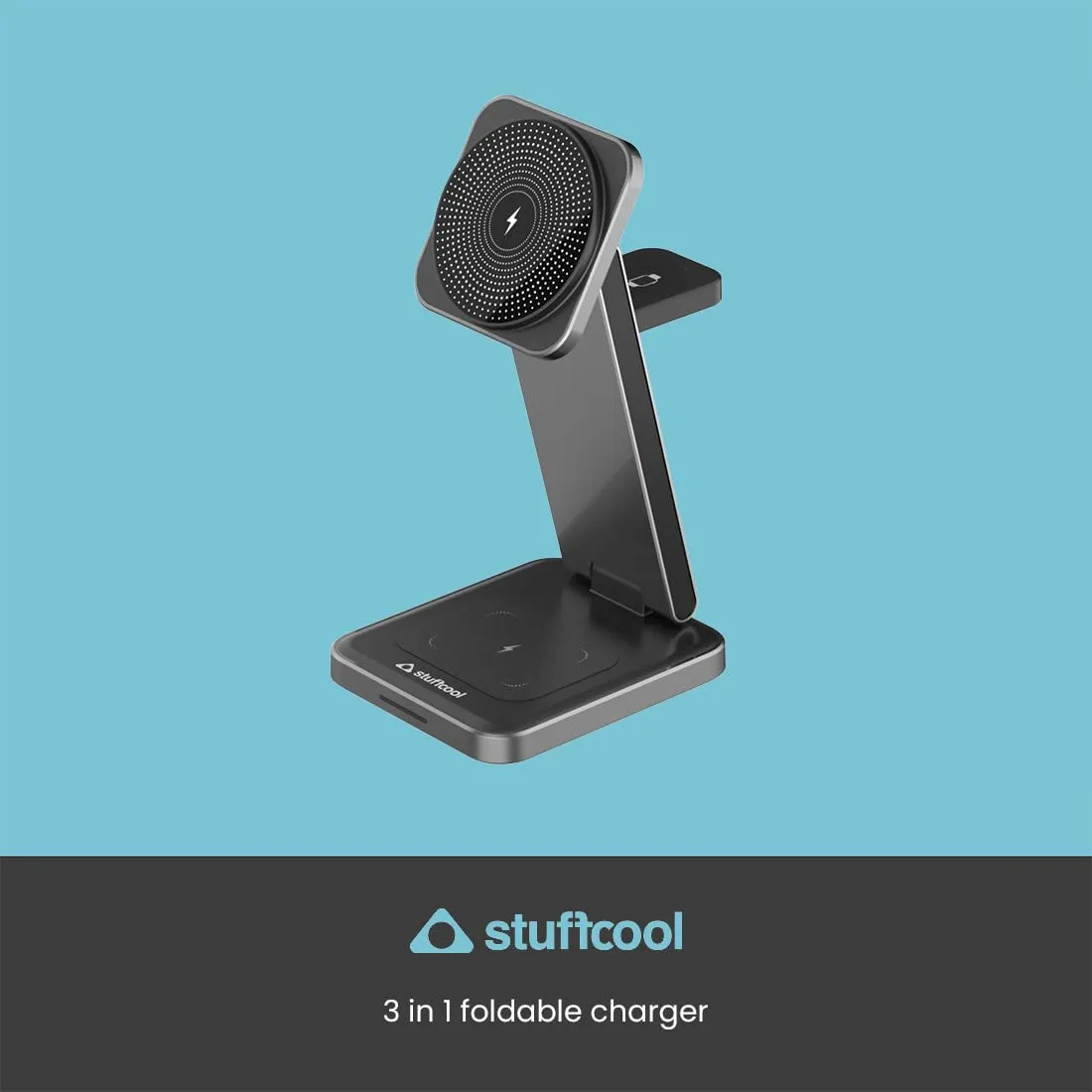 Stuffcool Rover Foldable 3 in 1 Magnetic Wireless Charging Station, Made with Anodised Aluminium, Perfect for iPhone 15/14/13/12 Series, Apple Watch, airpods, Includes 18W QC3.0 Wall Charger overview 2