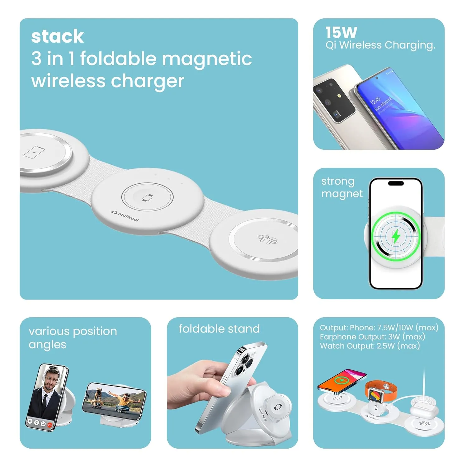 Stuffcool Stack 3 in 1 Foldable Magnetic Wireless Charging Station with 18W QC.30 Wall Adapter Included overview 1