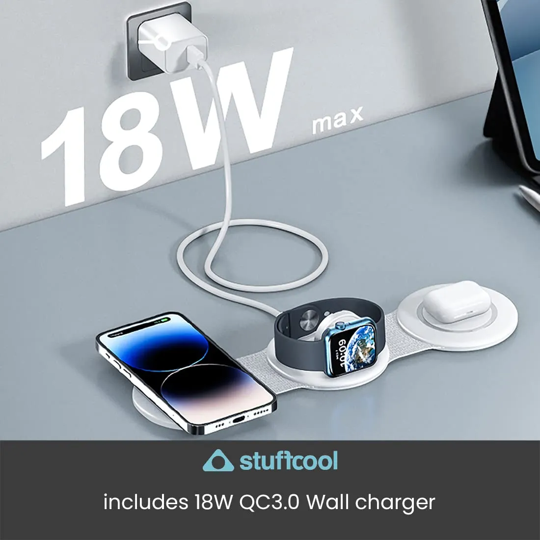 Stuffcool Stack 3 in 1 Foldable Magnetic Wireless Charging Station with 18W QC.30 Wall Adapter Included overview 4