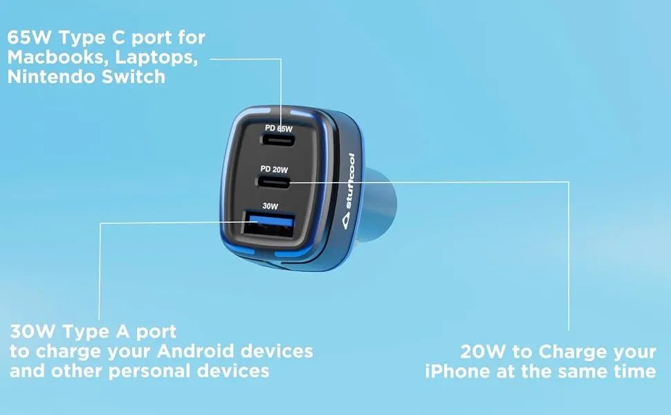 Stuffcool Ultimus 115 3 Port Car Charger 115W Output, Charges MacBooks Type C Laptops, Samsungs, iPhones at The Same time overview 3