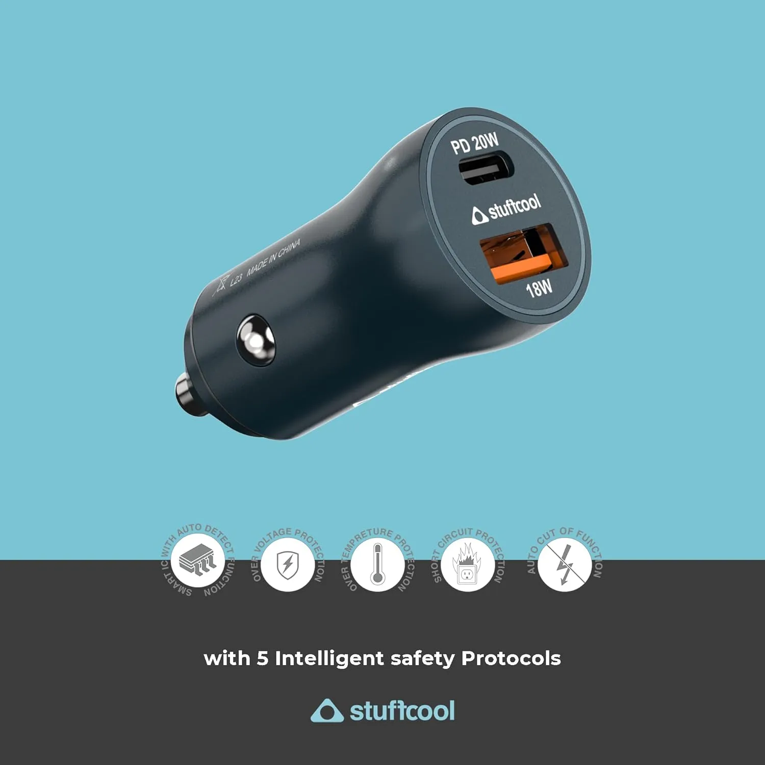 Stuffcool Ultimus 38W Dual Port Type C 20W + 18W QC3.0 USB A car Charger Supports Fast Charging Charges iPhone 50% in 30 mins, Compact Shape, Aluminium Body overview 2