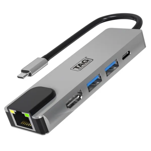 TAG 5 in 1-A Type C Multiport Adapter Hub | 4K HDMI | 2 USB 3.0 | 100W PD Charging | 1000 Mbps RJ45 Gigabit Ethernet | 5Gbps Transfer Speed | Metal Body | Supports PC, Macbook Pro Air, Laptops, Tablets