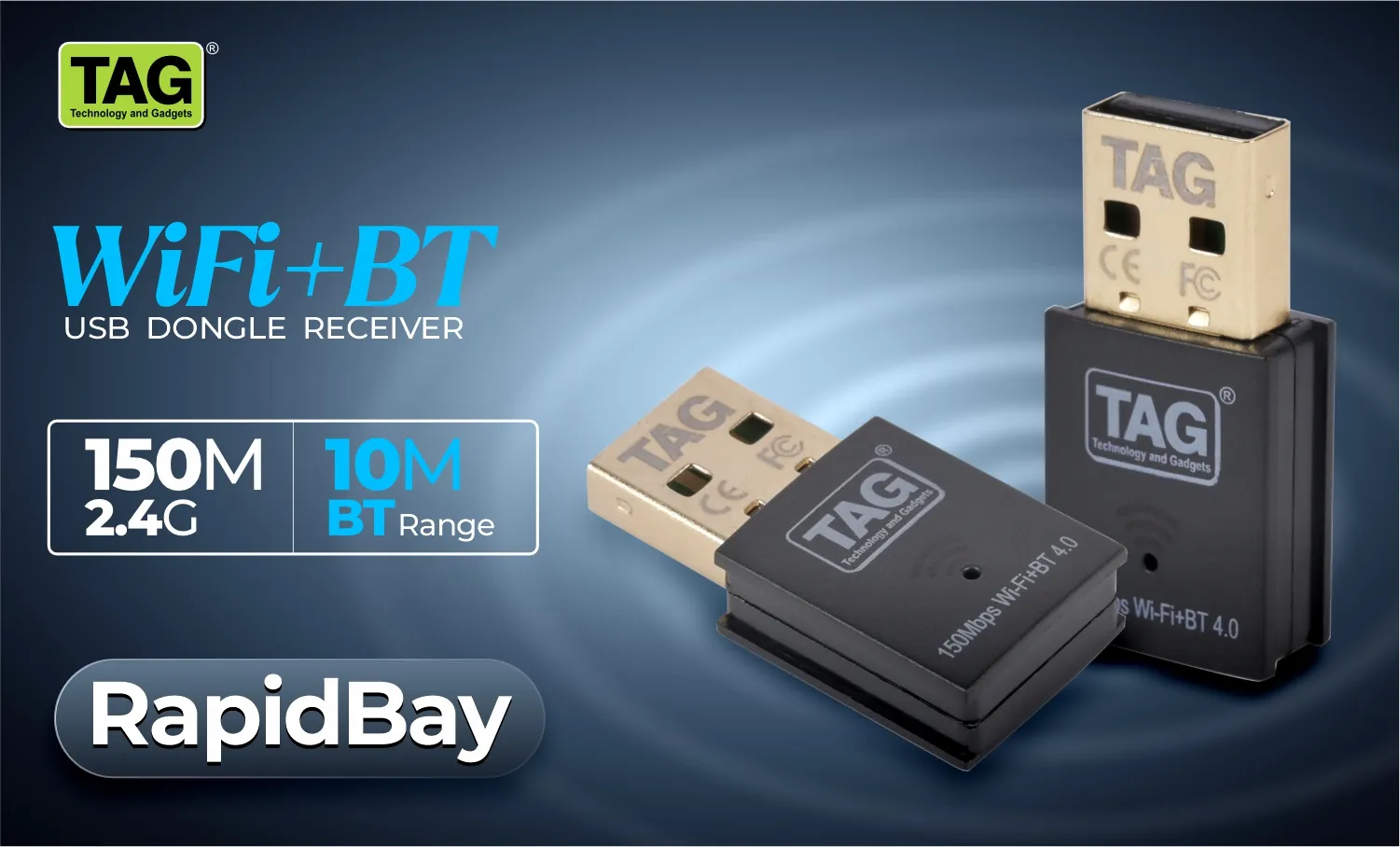 TAG Rapidbay WiFi & Bluetooth 4.2 USB Adapter | 150Mbps 2.4GHz Wireless Dongle | Plug & Play for PC/Laptop/Desktop | Windows 11/10/8.1/7 | Nano Design | Secure Connection overview 1
