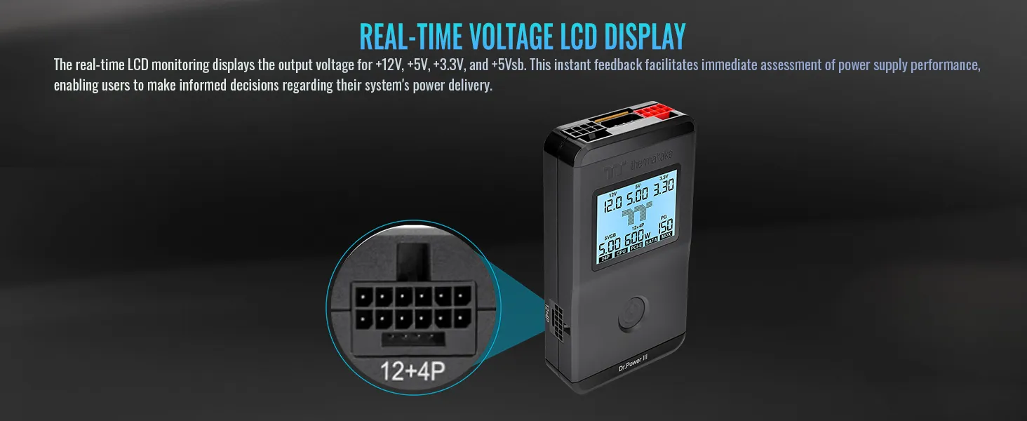 Thermaltake Dr. Power III ATX Power Supply Tester/Support up to ATX12V v3.1 with PCIe 12+4pin Connector/Voltage Output for +12V, +5V, +3.3V, and +5Vsb overview 3